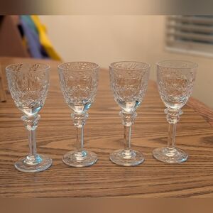Rogaska 4 Etched Crystal Cordial Glasses Floral Pattern 6" Tall 2" Diameter